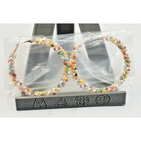 Handmade Colorful Seed Bead Hoop Earrings Boho Style 2 1/2" Diameter Lightweight - Picture 2 of 6